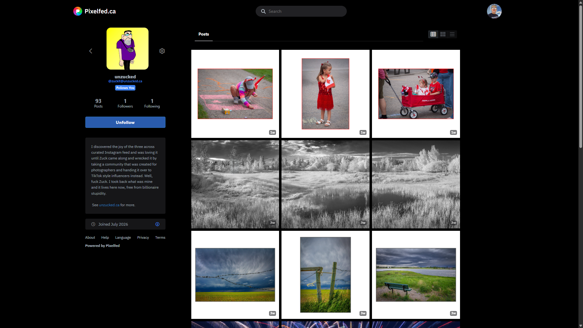 The same photography profile seen from Pixelfed