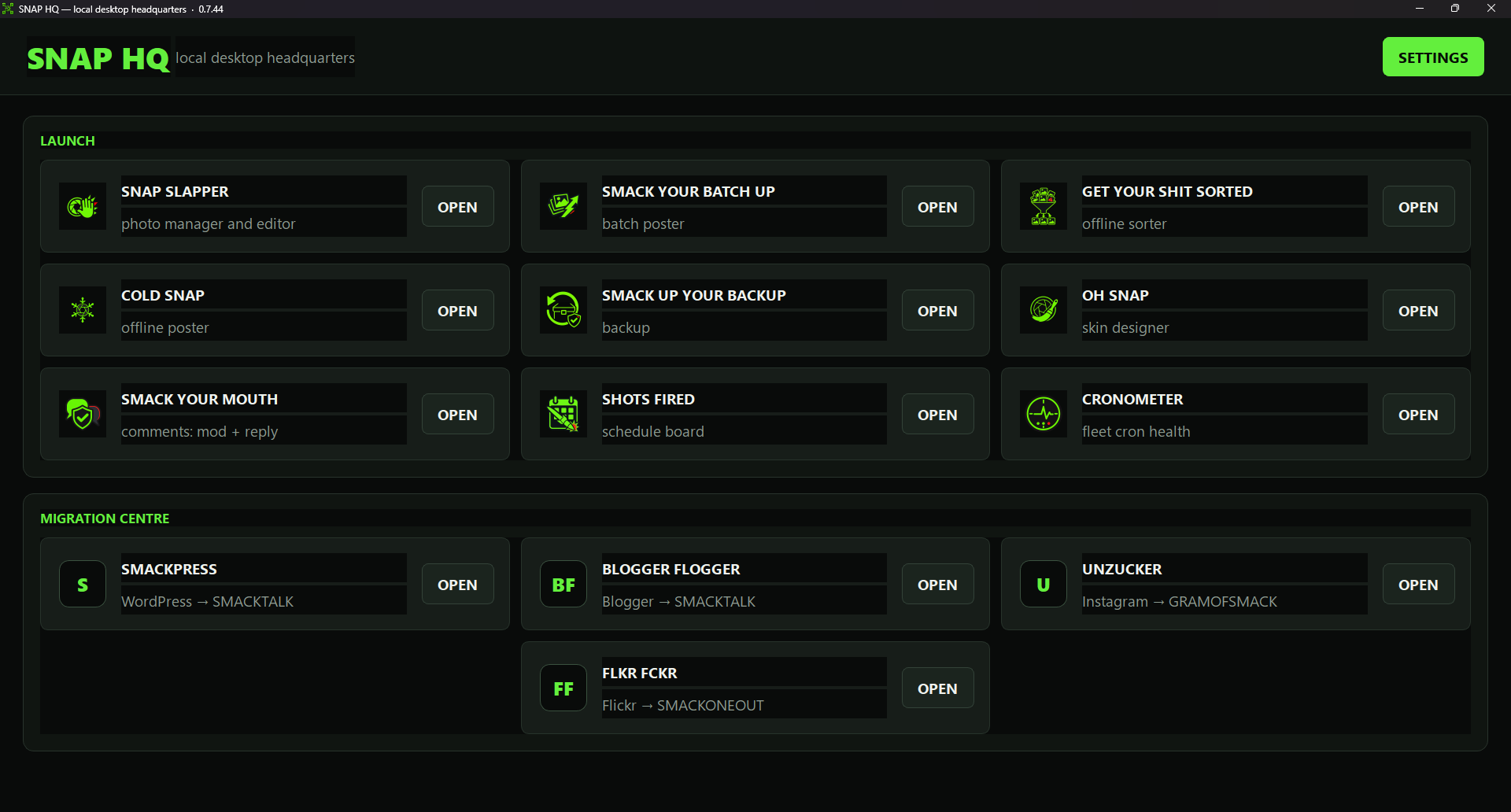 SNAP HQ launcher and shared setup