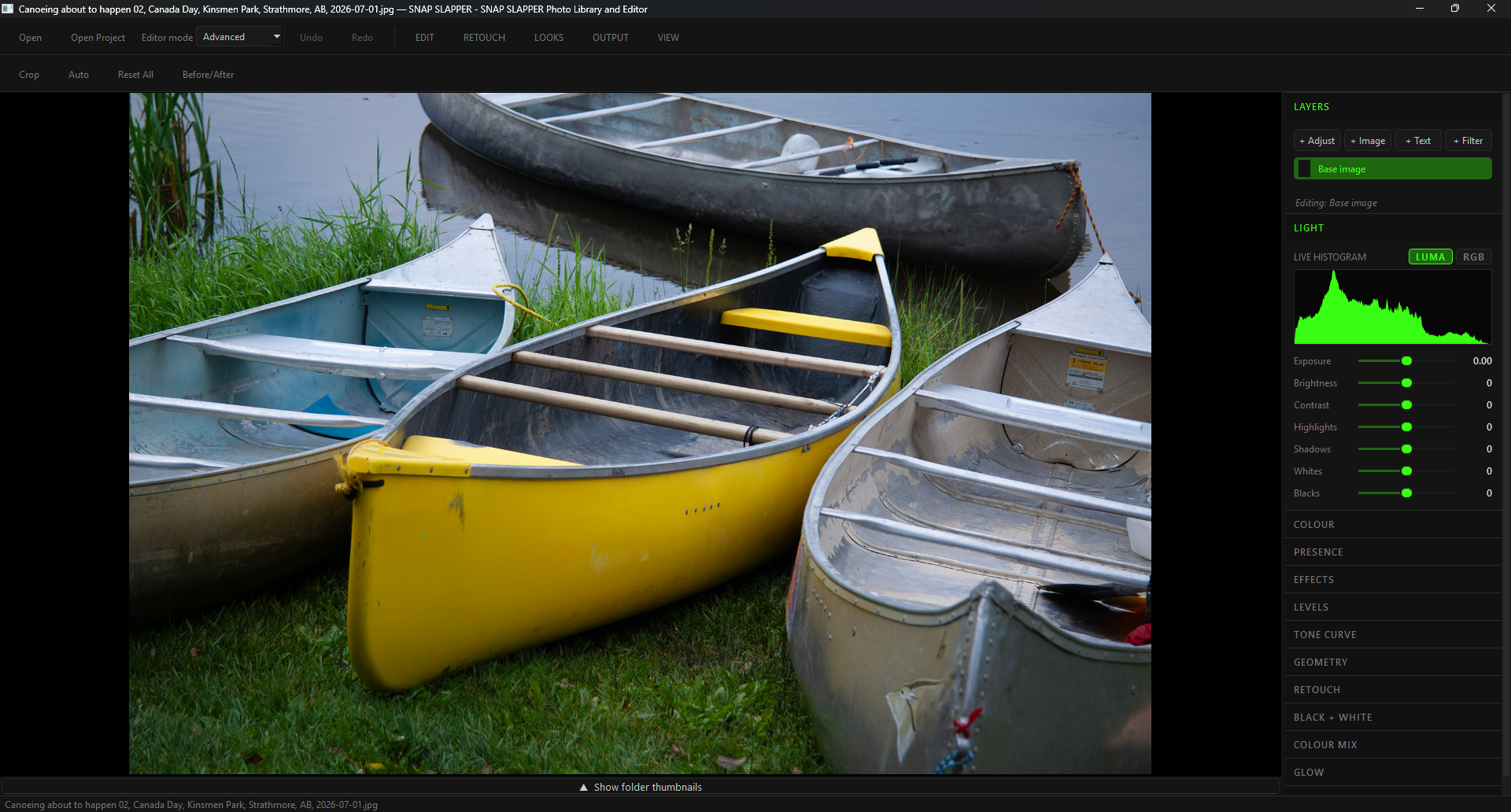 SNAP SLAPPER Advanced editor with the filmstrip hidden for a larger canvas