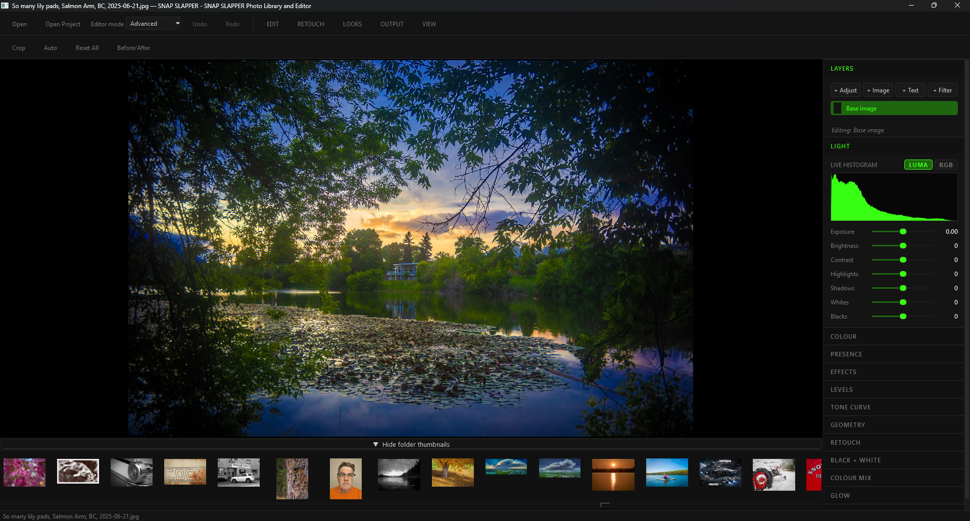SNAP SLAPPER Advanced editor with layers, histogram, detailed adjustment controls, and filmstrip