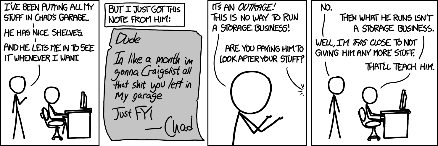 XKCD comic comparing storing your work on a free social platform to leaving your belongings in someone else's garage.